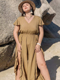 Plus Size Slit Ruffled V-Neck Jumpsuit - Trendsi - Flyclothing LLC