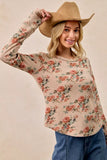 BiBi Floral Print Washed Waffle Thermal Top with Thumb - Trendsi - Flyclothing LLC