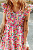 Smocked Floral V-Neck Ruffled Cap Sleeve Dress - Trendsi - Flyclothing LLC