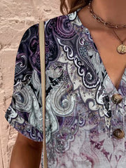 Full Size Printed Notched Short Sleeve Blouse - Trendsi