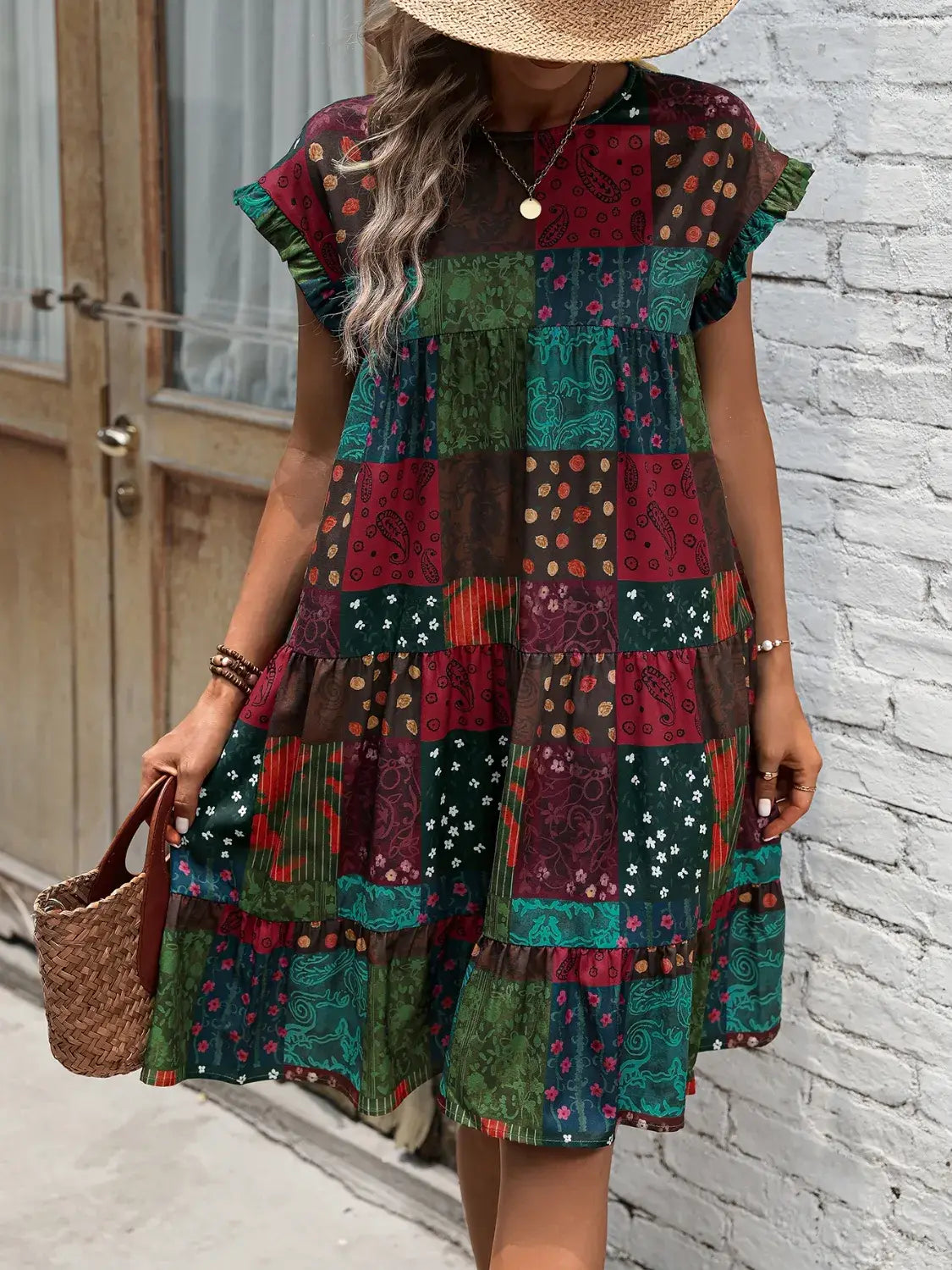 Color Block Print Short Sleeve Mini Dress - Trendsi - Flyclothing LLC