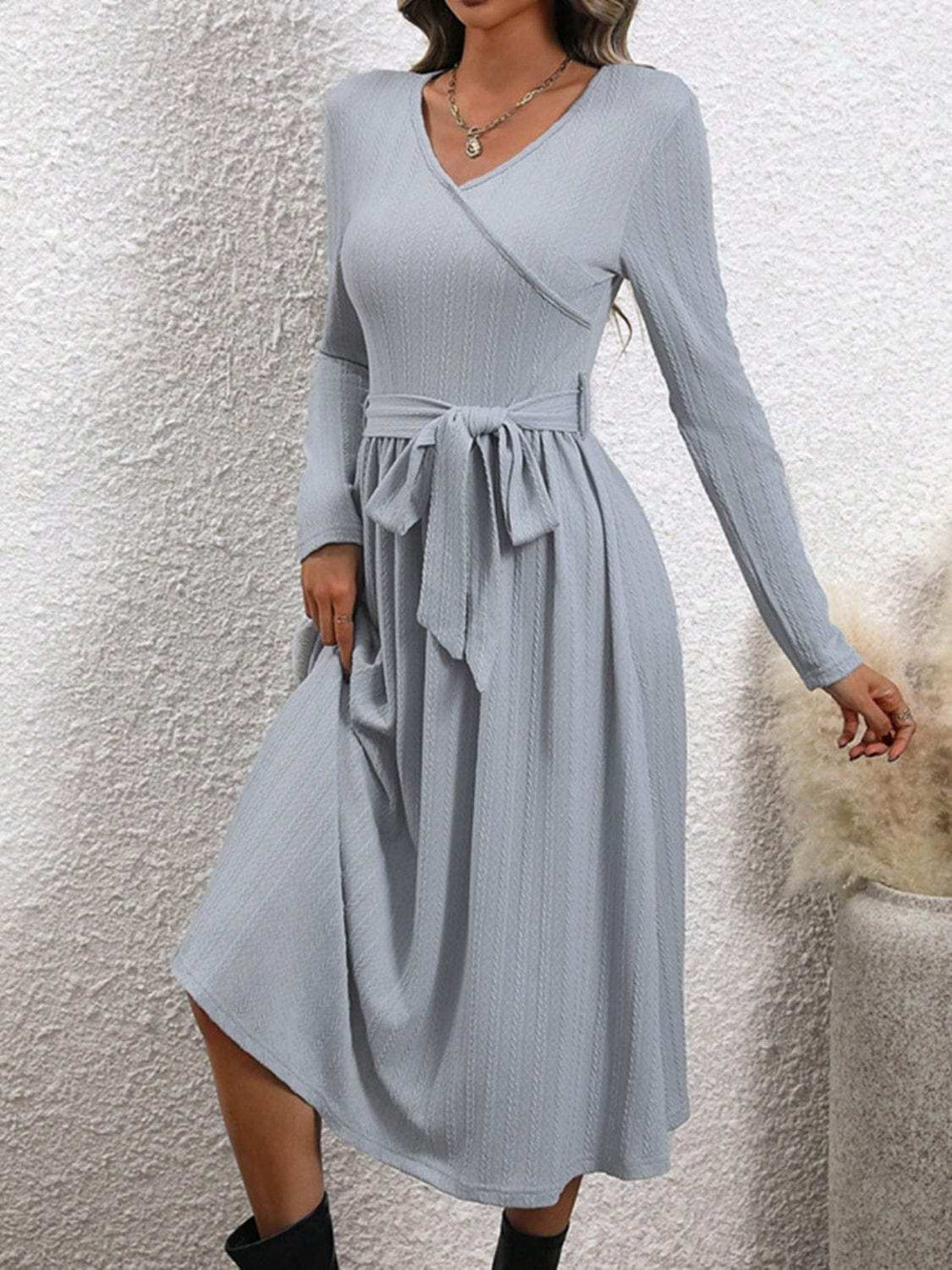 Surplice Tie Waist Long Sleeve Midi Dress - Trendsi - Flyclothing LLC