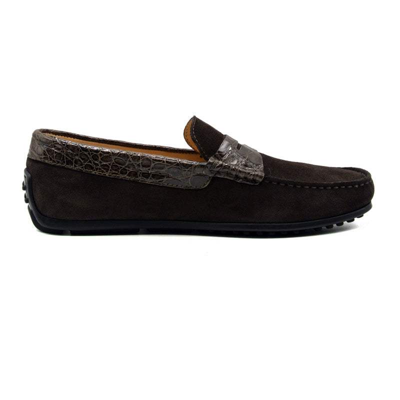 31-160-NIC MONZA Sueded Calfskin with Crocodile Driver, Nicotine - Zelli Italia - Flyclothing LLC