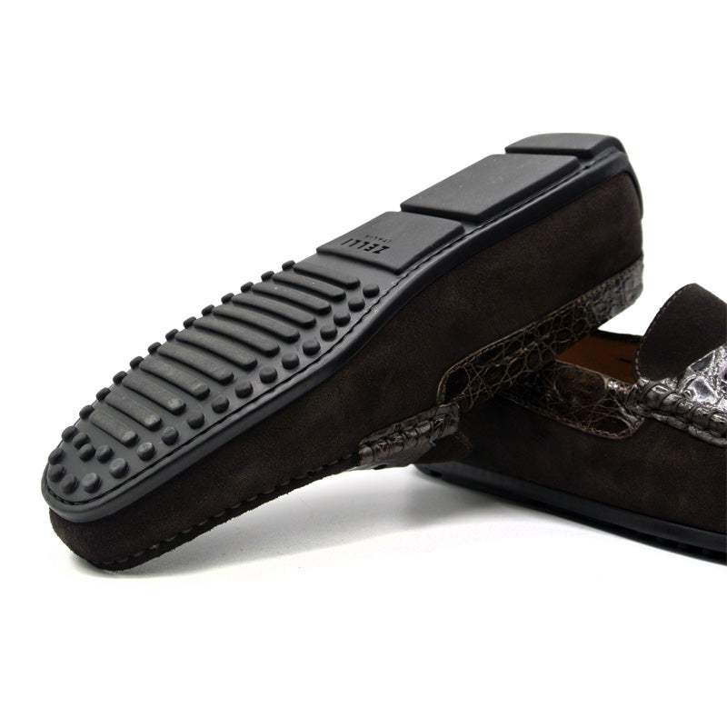 31-160-NIC MONZA Sueded Calfskin with Crocodile Driver, Nicotine - Zelli Italia - Flyclothing LLC