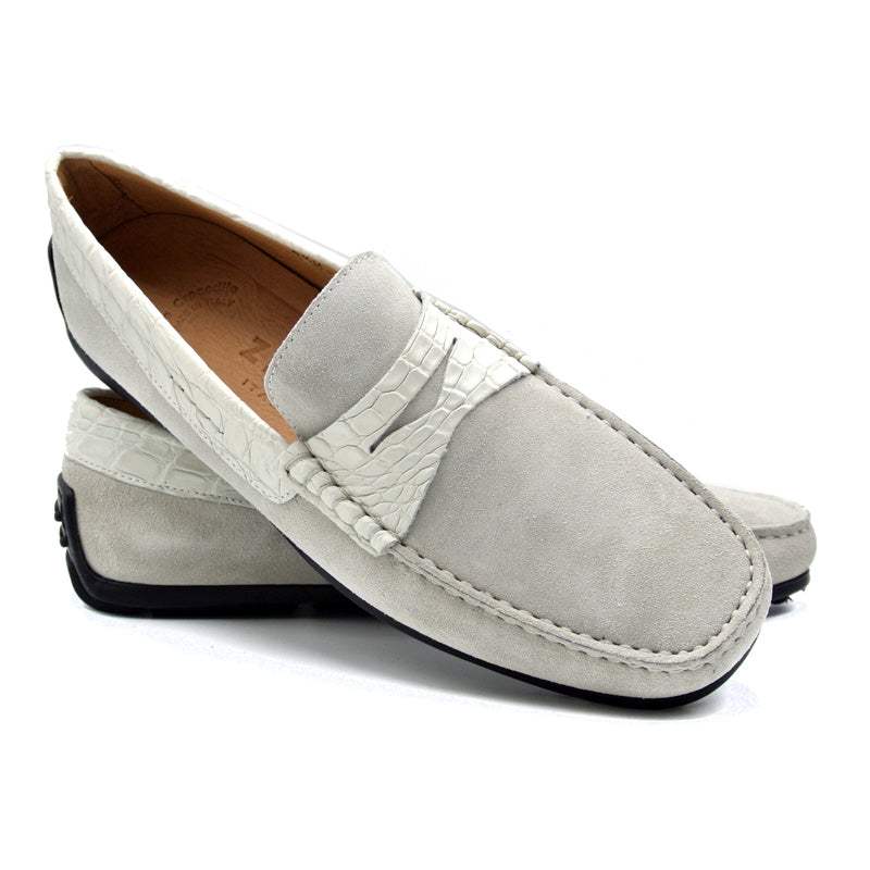 31-160-WHT MONZA Sueded Calfskin with Crocodile Driver, White - Zelli Italia - Flyclothing LLC
