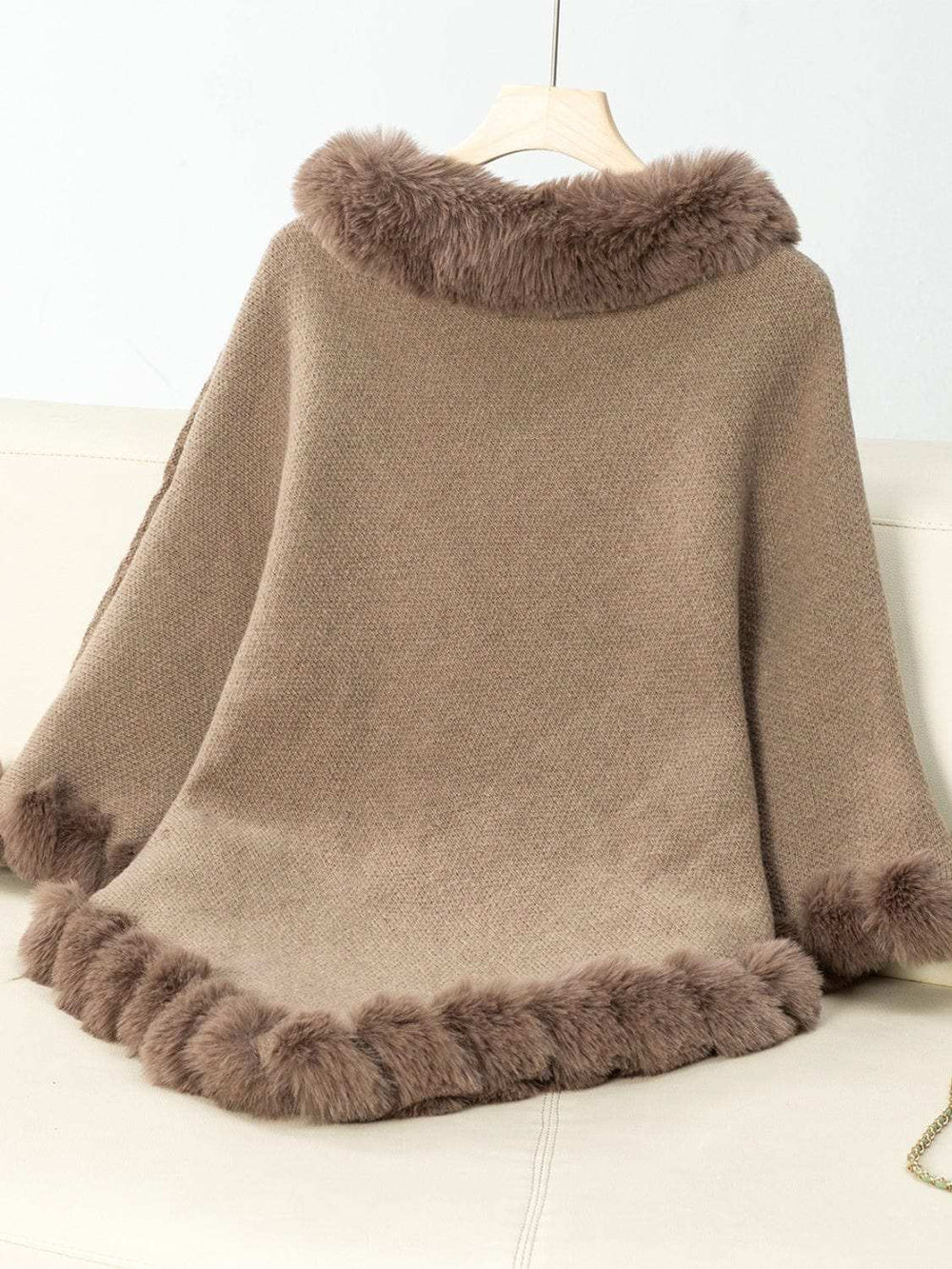 Fuzzy Trim Texture Three-Quarter Sleeve Poncho - Trendsi - Flyclothing LLC
