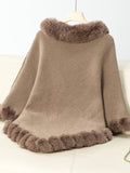 Fuzzy Trim Texture Three-Quarter Sleeve Poncho - Trendsi
