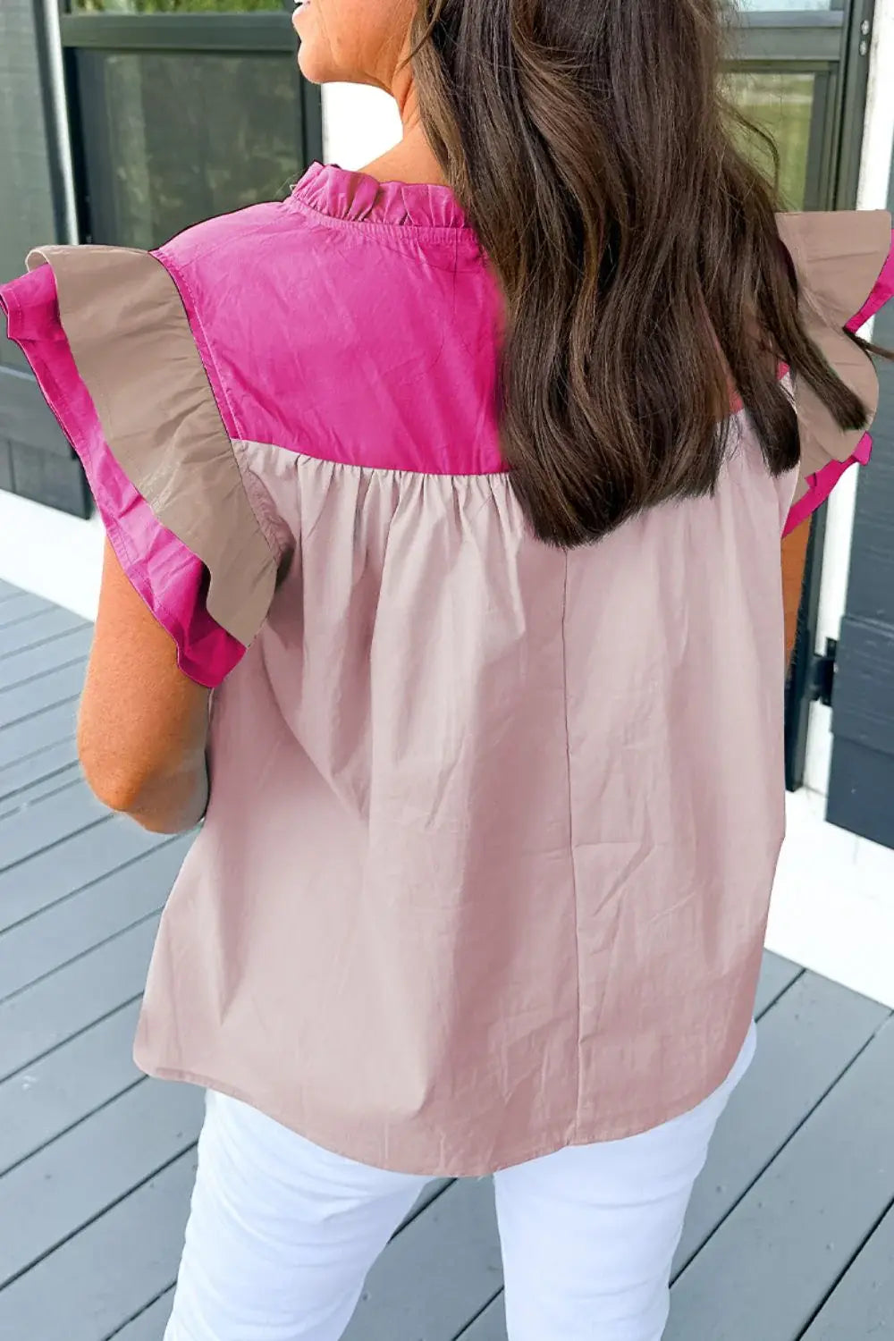 Color Block Notched Ruffled Cap Sleeve Blouse - Trendsi - Flyclothing LLC
