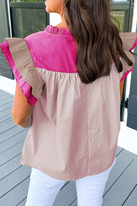 Color Block Notched Ruffled Cap Sleeve Blouse - Trendsi - Flyclothing LLC