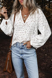 Eyelet V-Neck Long Sleeve Blouse - Trendsi