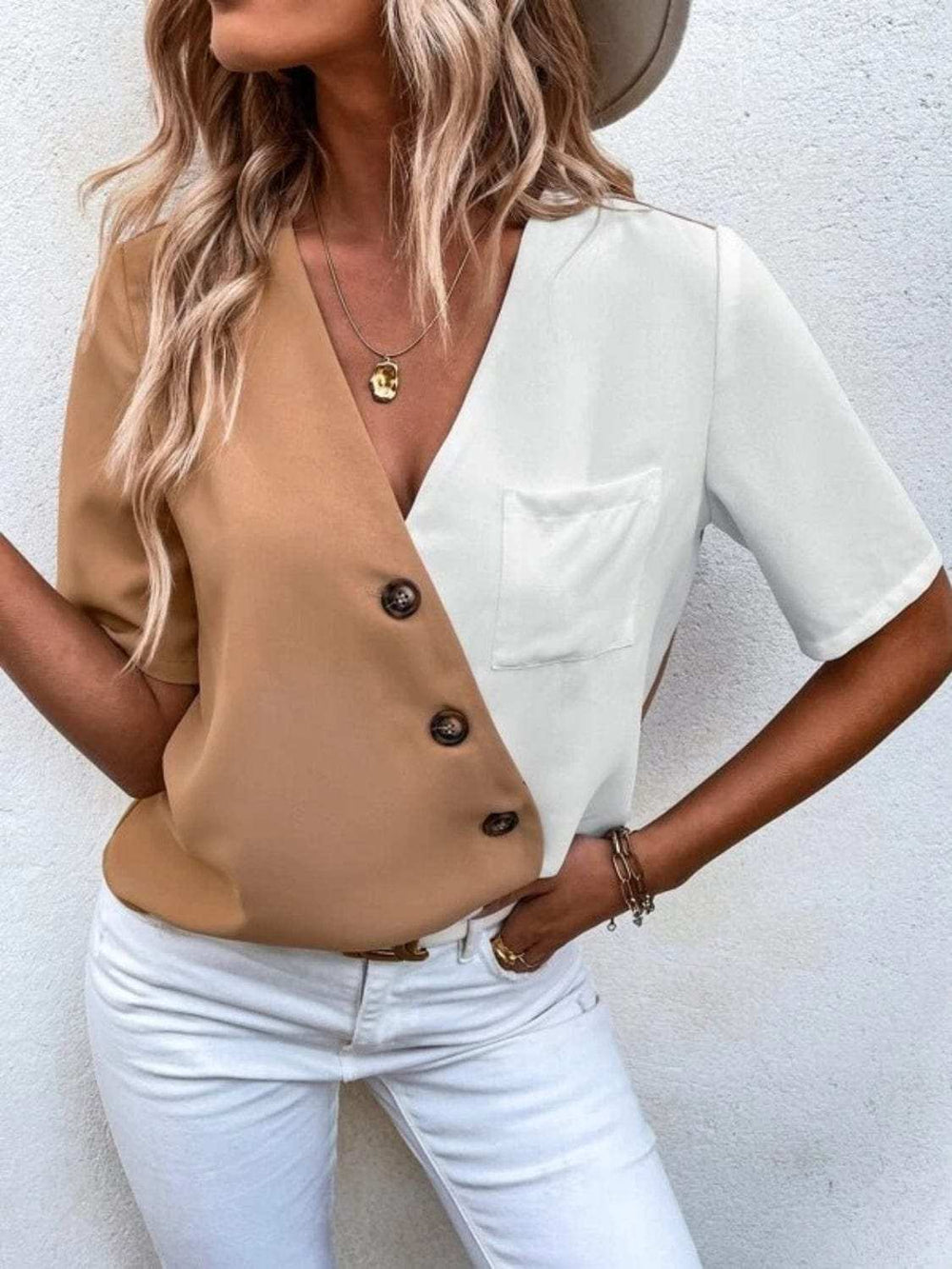 Decorative Button Surplice Short Sleeve Blouse - Trendsi - Flyclothing LLC