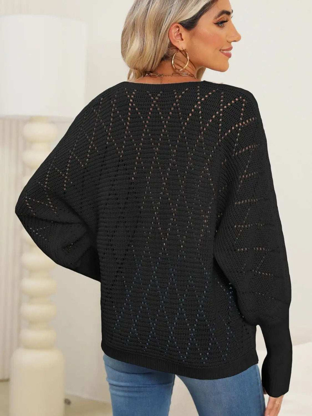Lace Detail V-Neck Long Sleeve Sweater - Trendsi - Flyclothing LLC