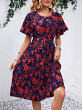 Printed Round Neck Short Sleeve Dress - Trendsi