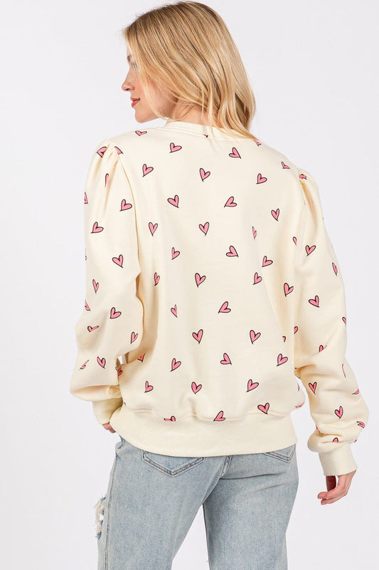 SAGE + FIG Heart Printed Contrast Long Sleeve Sweatshirt - Trendsi