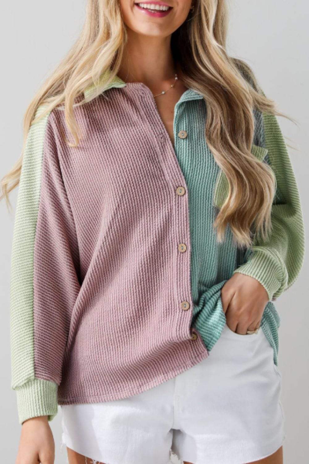 Color Block Corded Button Up Shacket - Trendsi - Flyclothing LLC