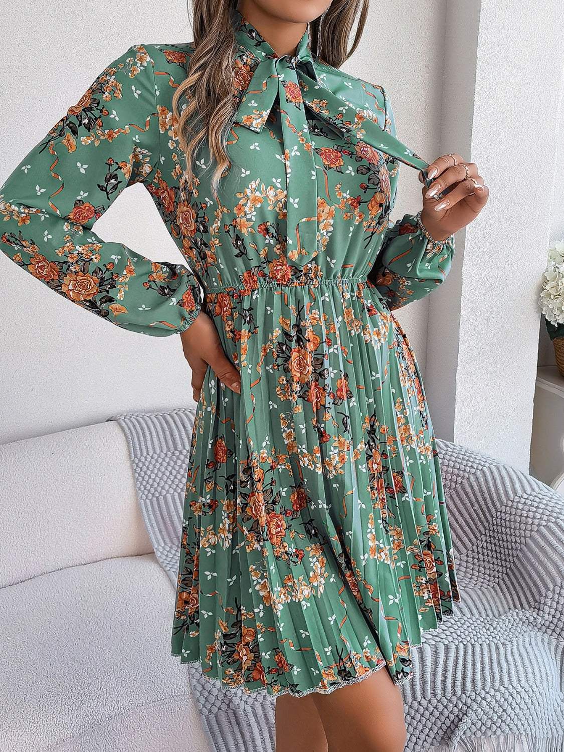 Pleated Printed Tie Neck Long Sleeve Dress - Trendsi - Flyclothing LLC