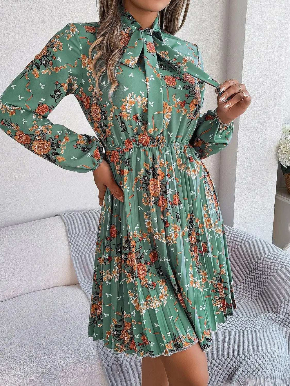 Pleated Printed Tie Neck Long Sleeve Dress - Trendsi - Flyclothing LLC