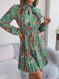 Pleated Printed Tie Neck Long Sleeve Dress - Trendsi - Flyclothing LLC