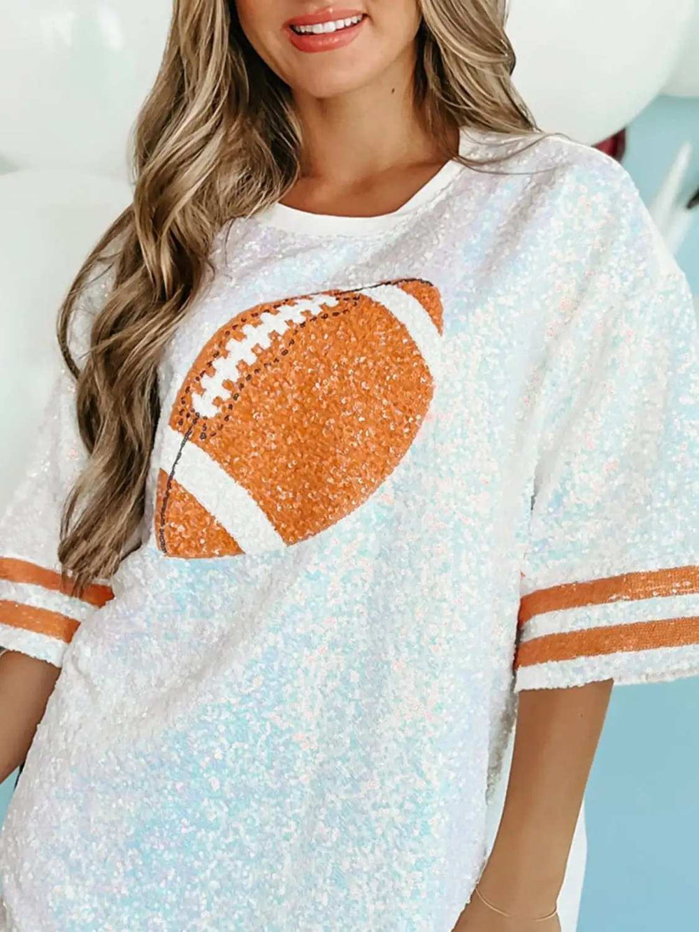 Sequin Football Round Neck Half Sleeve Oversize Top - Trendsi - Flyclothing LLC