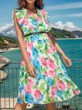 Ruffled Printed Surplice Cap Sleeve Dress - Trendsi - Flyclothing LLC