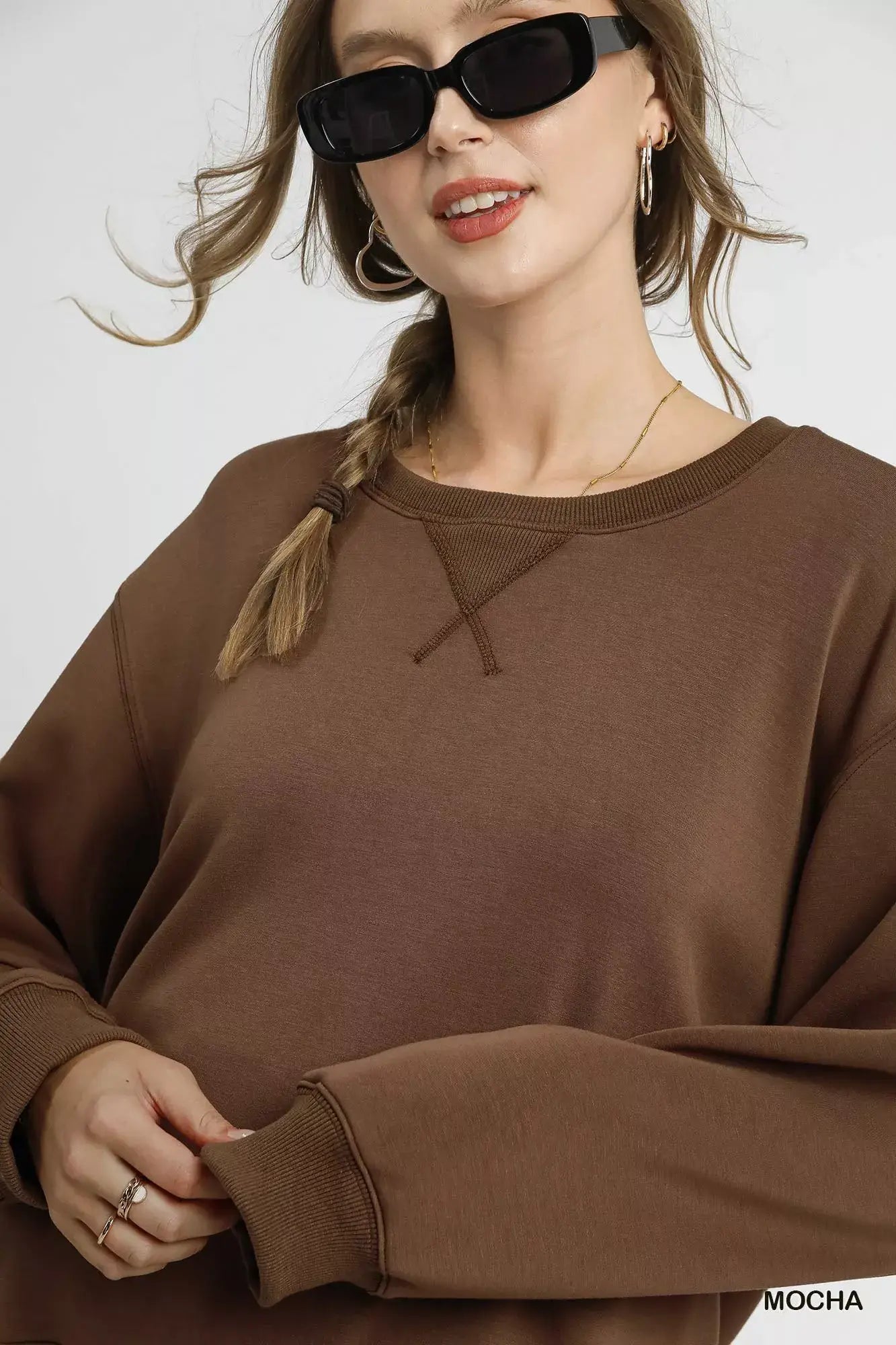 Umgee Round Neck Long Sleeve Fleece Sweatshirt - Trendsi - Flyclothing LLC