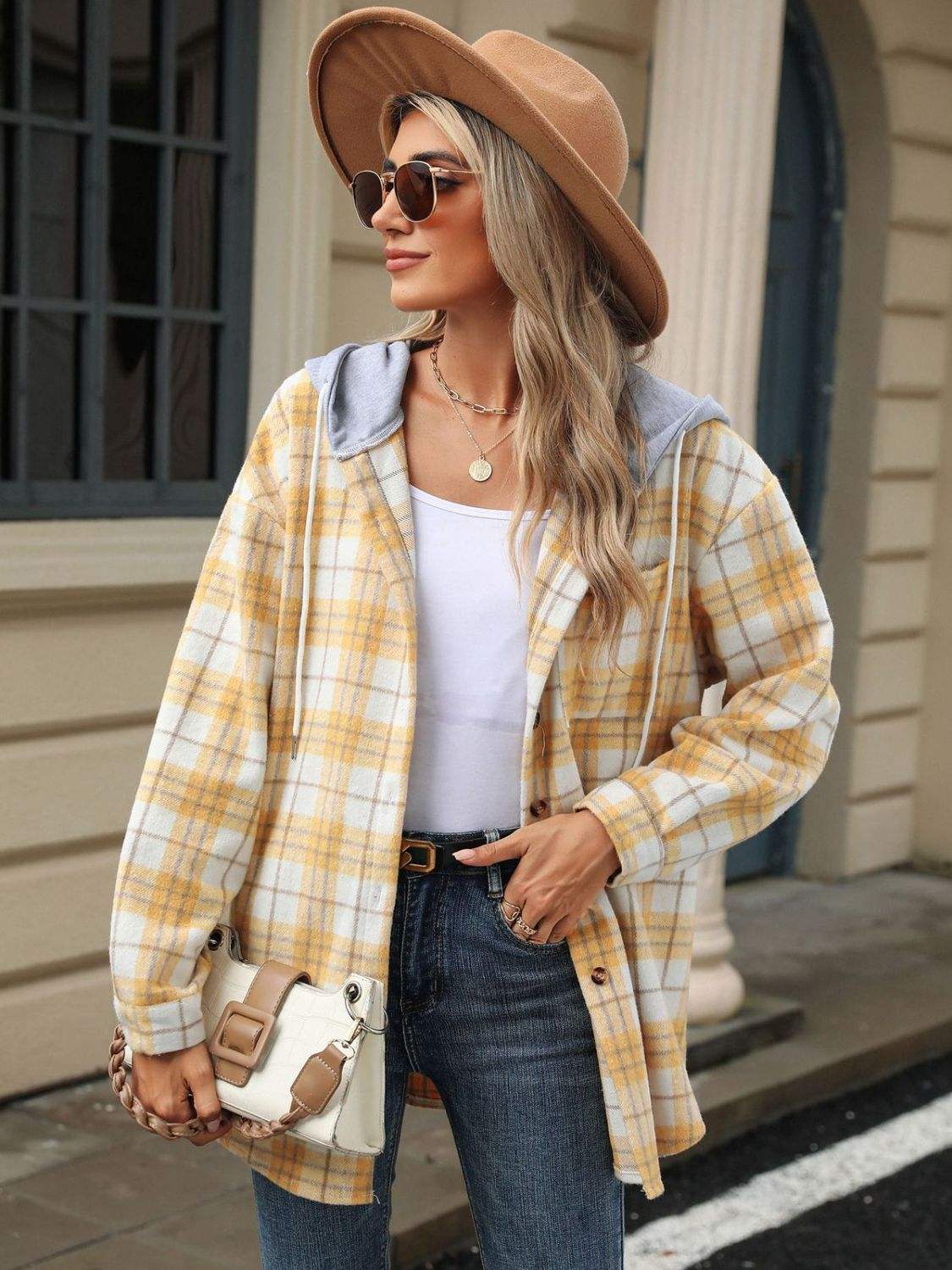 Drawstring Plaid Button Up Hooded Jacket - Trendsi - Flyclothing LLC