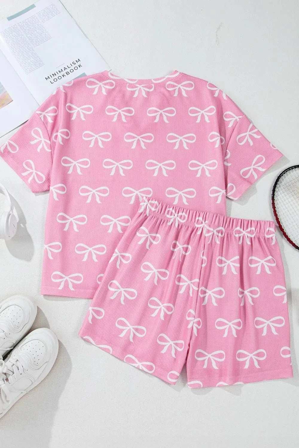 Bowknot Printed Notched T-Shirt and Shorts Set - Trendsi - Flyclothing LLC