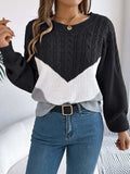 Cable-Knit Color Block Round Neck Sweater - Trendsi - Flyclothing LLC