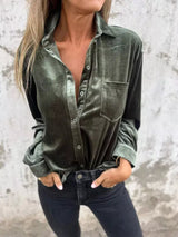 Full Size Velvet Button-Up Long Sleeve Shirt Plus Size - Trendsi - Flyclothing LLC