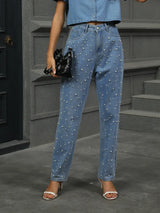 Pearl Detail Jeans with Pockets - Trendsi - Flyclothing LLC