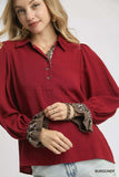 Umgee Half Button Blouse with Leopard Print Trim - Trendsi - Flyclothing LLC