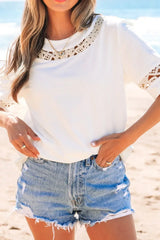Lace Crochet Crew Neck Casual T Shirt - Trendsi - Flyclothing LLC