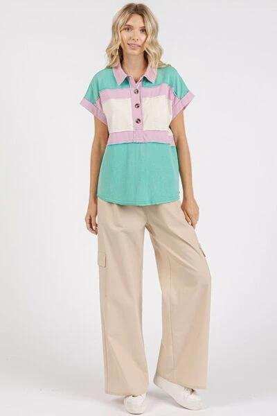 Mittoshop Color Block Henley Short Sleeve Polo Shirt - Trendsi - Flyclothing LLC