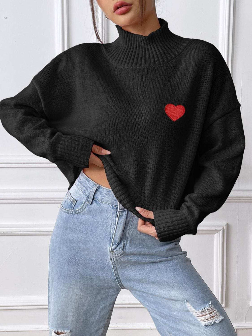 Heart Turtleneck Long Sleeve Sweater - Trendsi - Flyclothing LLC