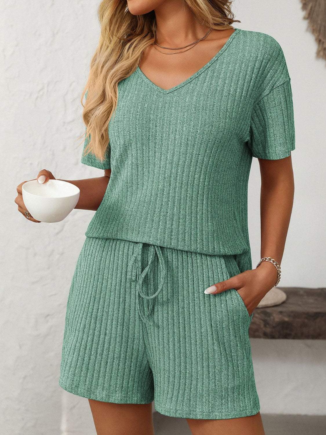 Mandy V-Neck Short Sleeve Top and Shorts Set - Trendsi - Flyclothing LLC