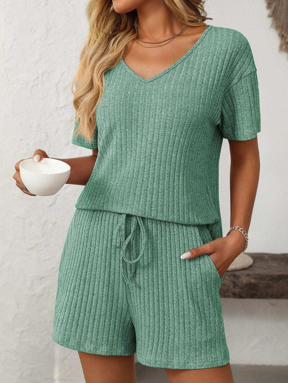 Mandy V-Neck Short Sleeve Top and Shorts Set - Trendsi - Flyclothing LLC