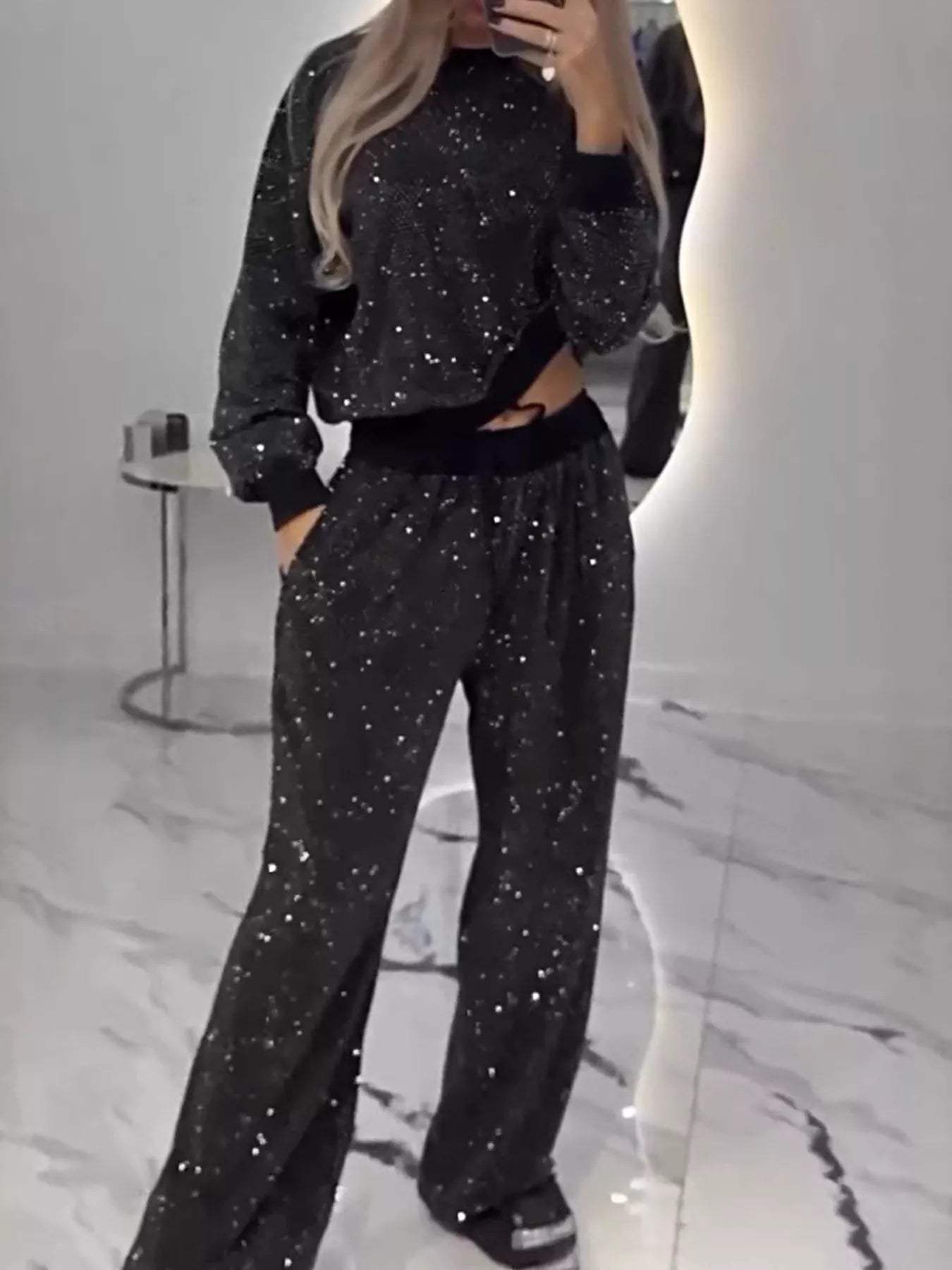 Rhinestone Long Sleeve Top and Pants Set - Trendsi - Flyclothing LLC