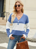 Color Block V-Neck Long Sleeve T-Shirt - Trendsi
