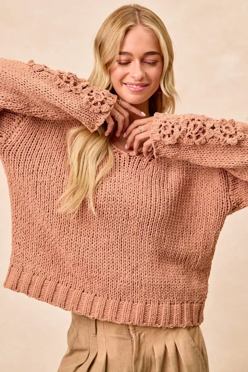 BiBi Chunky Knit Sweater with Flower Detail Sleeves - Trendsi - Flyclothing LLC