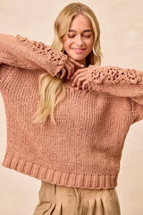BiBi Chunky Knit Sweater with Flower Detail Sleeves - Trendsi - Flyclothing LLC