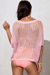 Openwork Round Neck Half Sleeve Knit Cover Up - Trendsi - Flyclothing LLC