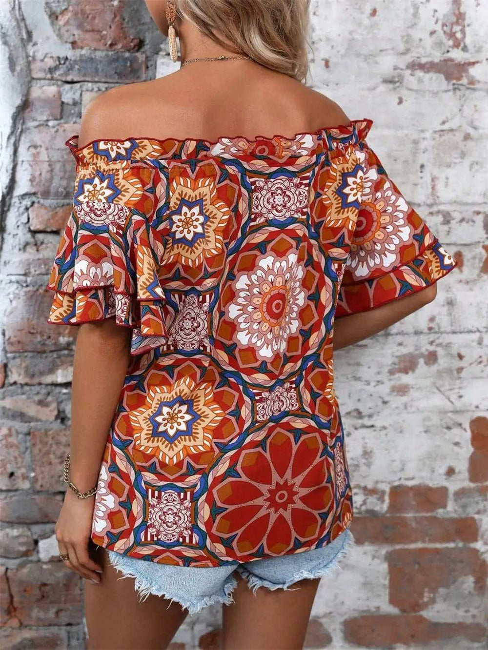 Printed Off-Shoulder Half Sleeve Blouse - Trendsi - Flyclothing LLC