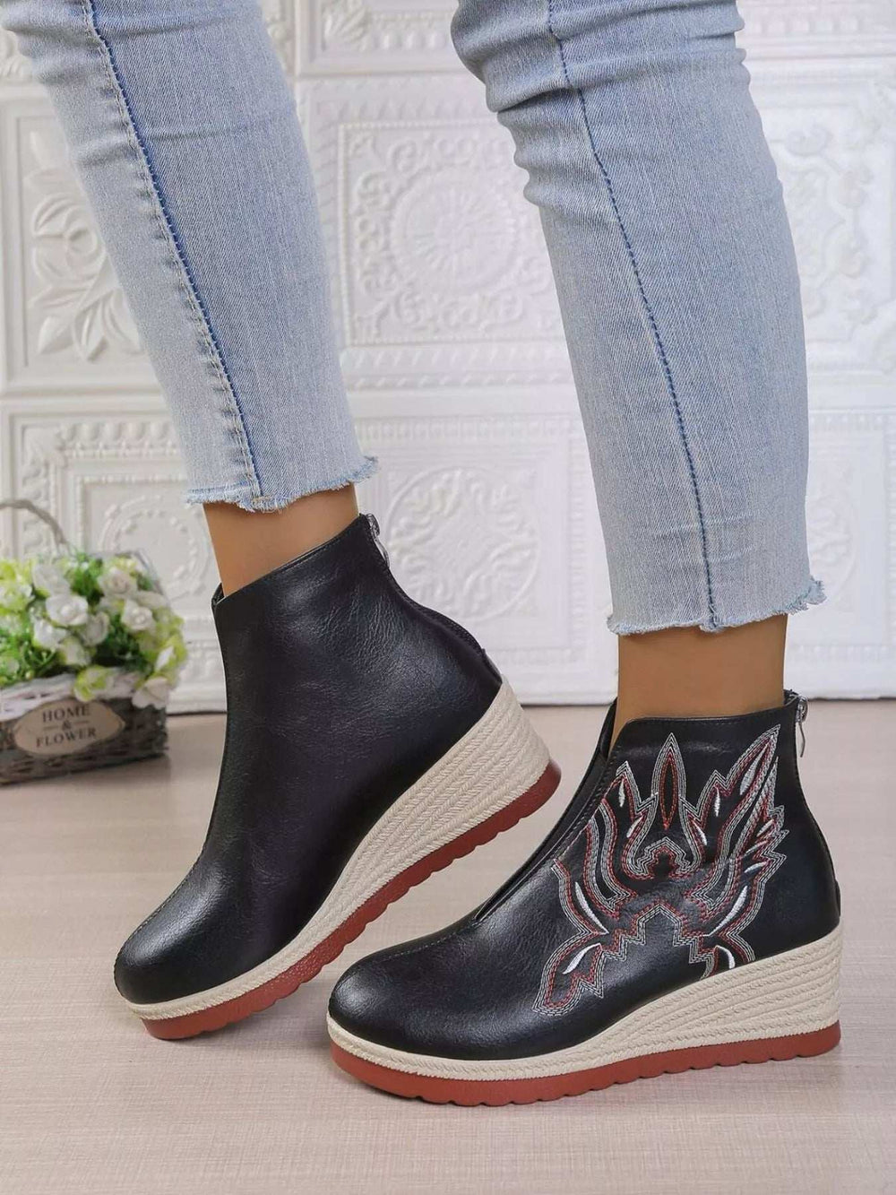 Round Toe Wedge Ankle Boots - Trendsi - Flyclothing LLC