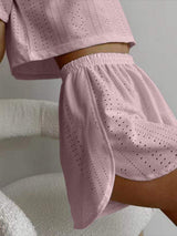 Eyelet Round Neck Top and Shorts Set - Trendsi - Flyclothing LLC