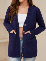 Pocketed Button Up Long Sleeve Cardigan - Trendsi