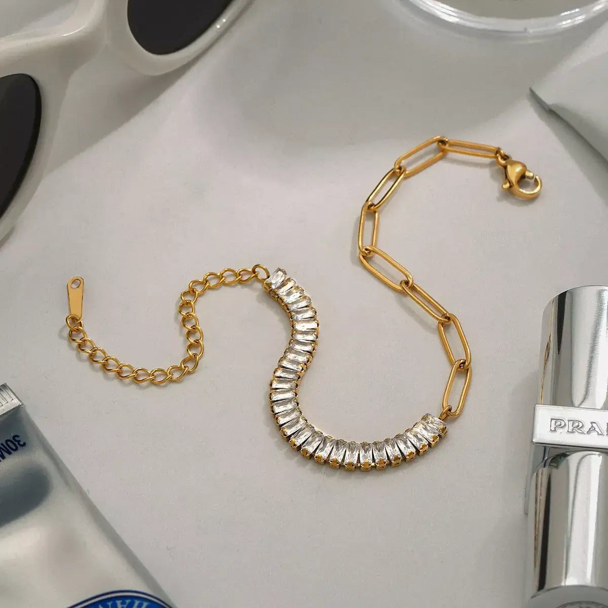 18K Gold-Plated Stainless Steel Rhinestone Chain Bracelet - Trendsi - Flyclothing LLC