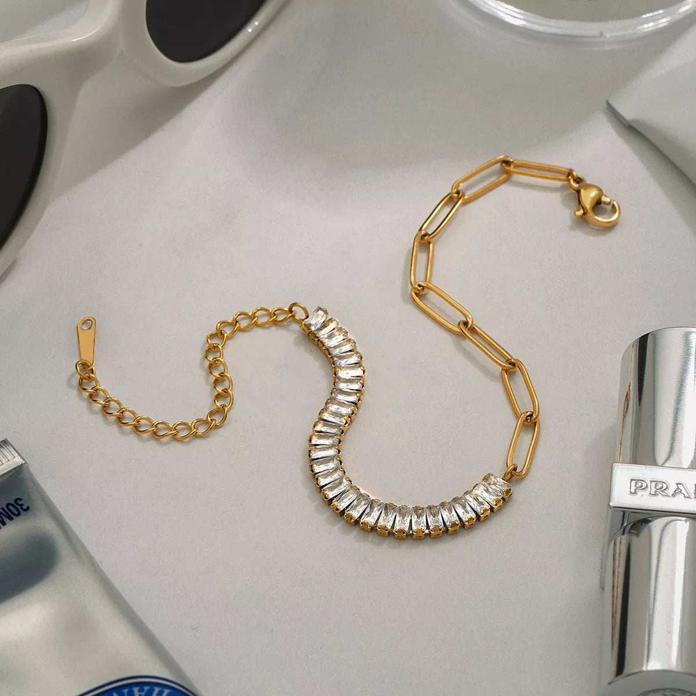 18K Gold-Plated Stainless Steel Rhinestone Chain Bracelet - Trendsi - Flyclothing LLC