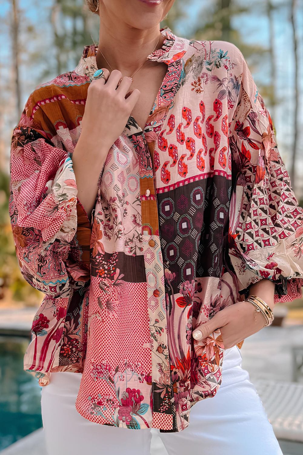 Patchwork Printed Notched Flounce Sleeve Shirt - Trendsi