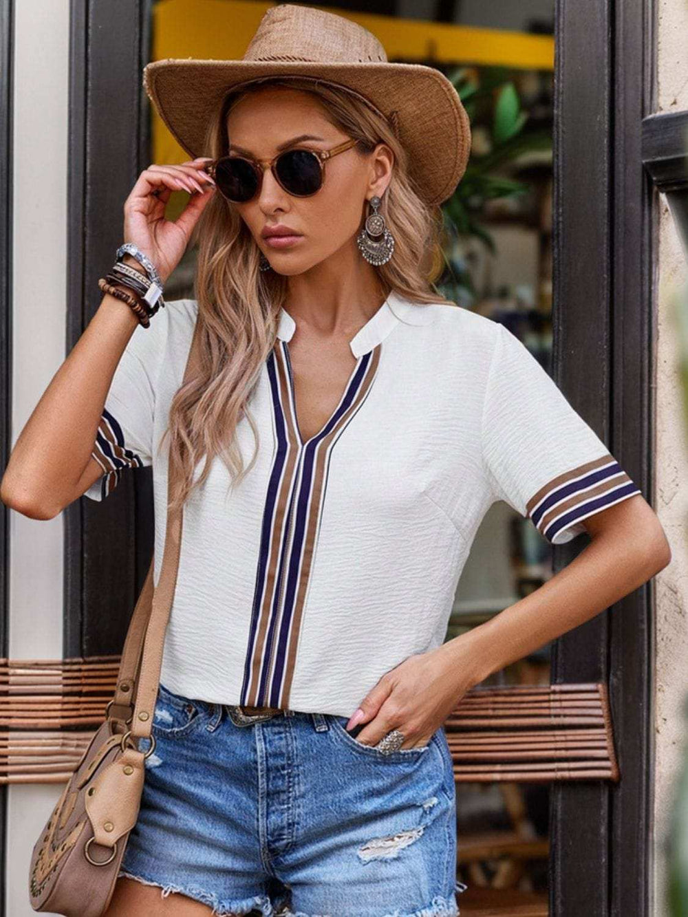 Contrast Stripes Notched Short Sleeve Blouse - Trendsi - Flyclothing LLC