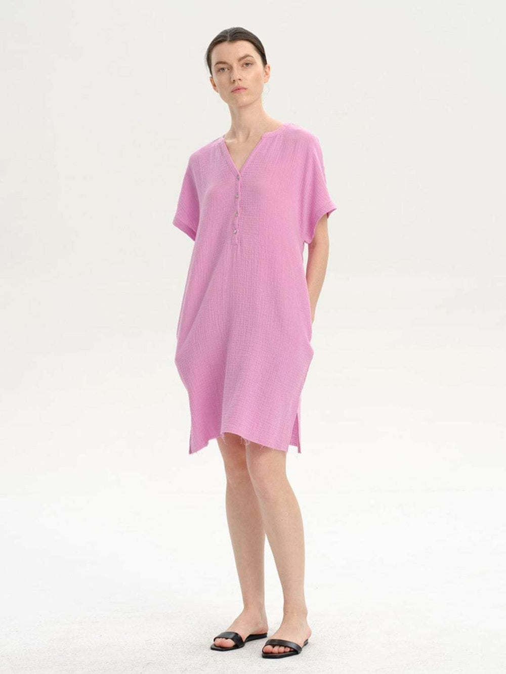 Slit Notched Short Sleeve Mini Dress - Trendsi - Flyclothing LLC